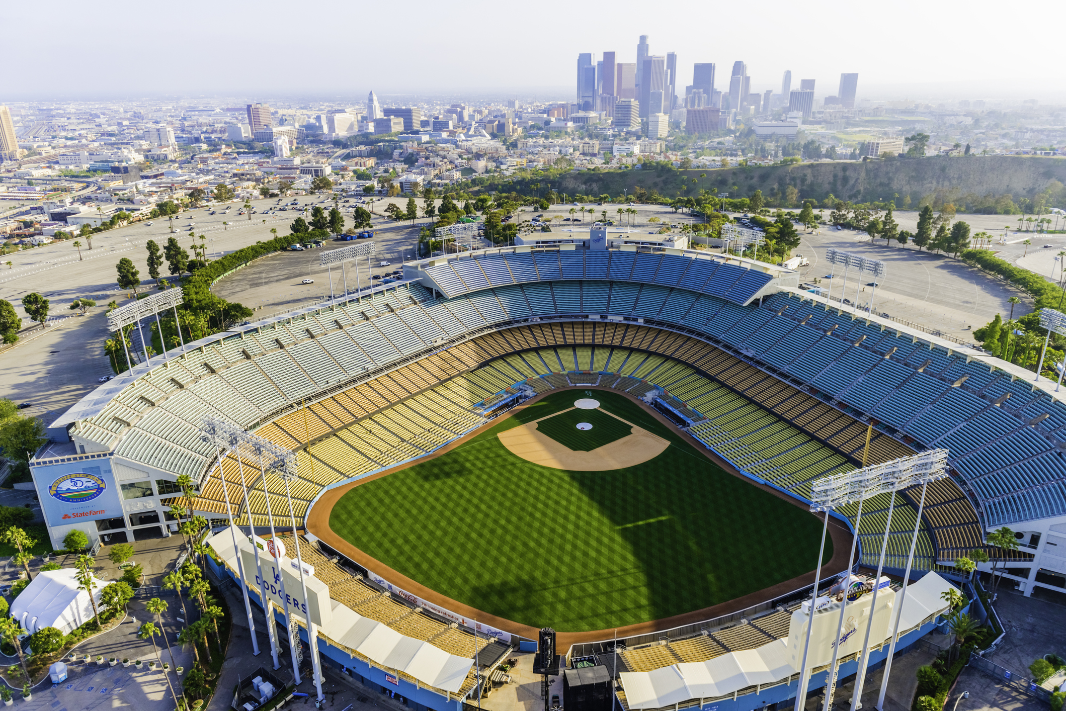 Dodger Stadium and Los Angeles skyline cityscape panorama aerial